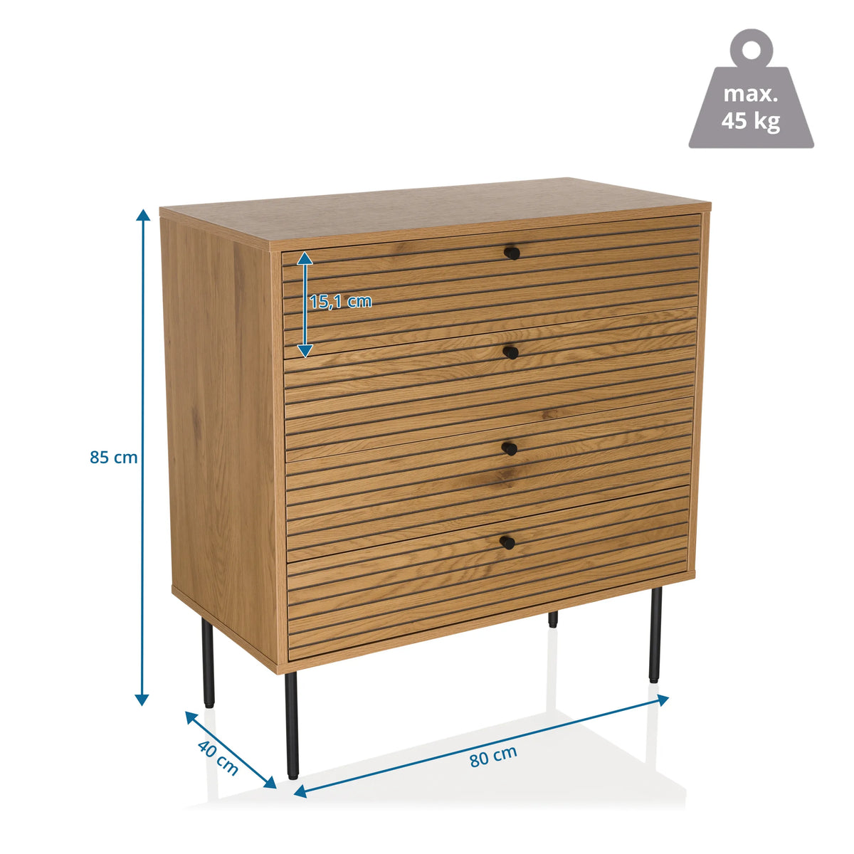Måltegning af Kommode LINNO K med 80 x 40 cm og en højde på 85 cm fra hjh LIVING