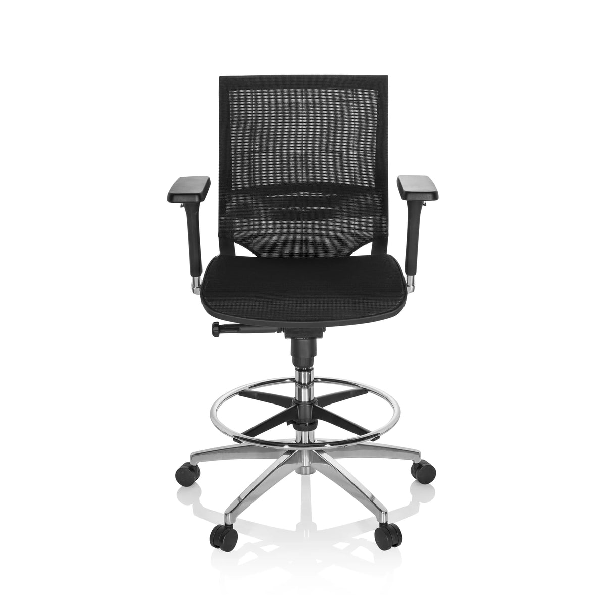 Sort diskstol TOP WORK 78 med netryg, fodring og femhjulet fodkryds fra hjh OFFICE – 360-graders visning (forfra 0°)