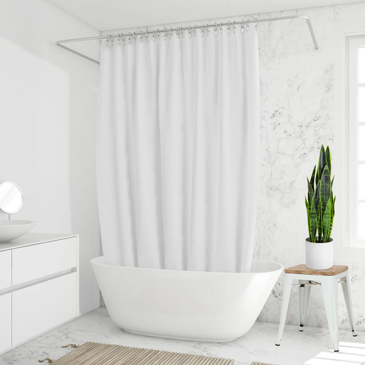 Grøn Kunstige plante SANSEVIERIA i en hvid potte på en lille taburet fra hjh OFFICE