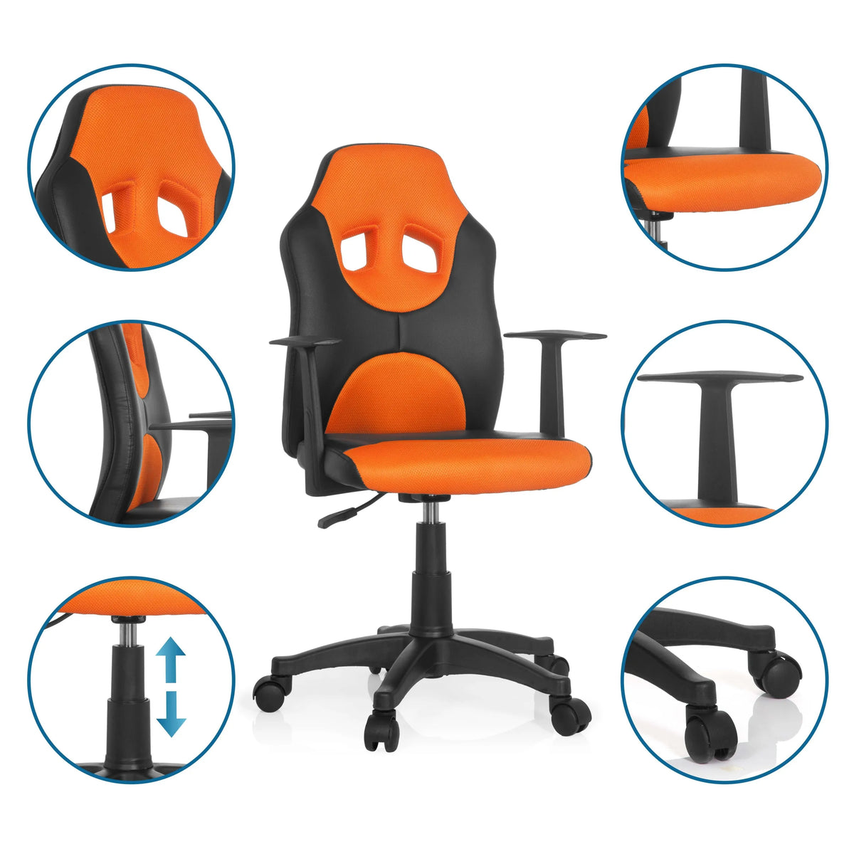 Kontorstol til børn KID GAME AL i sort-orange med detaljevisninger af armlæn, gasfjeder og hjul fra hjh OFFICE