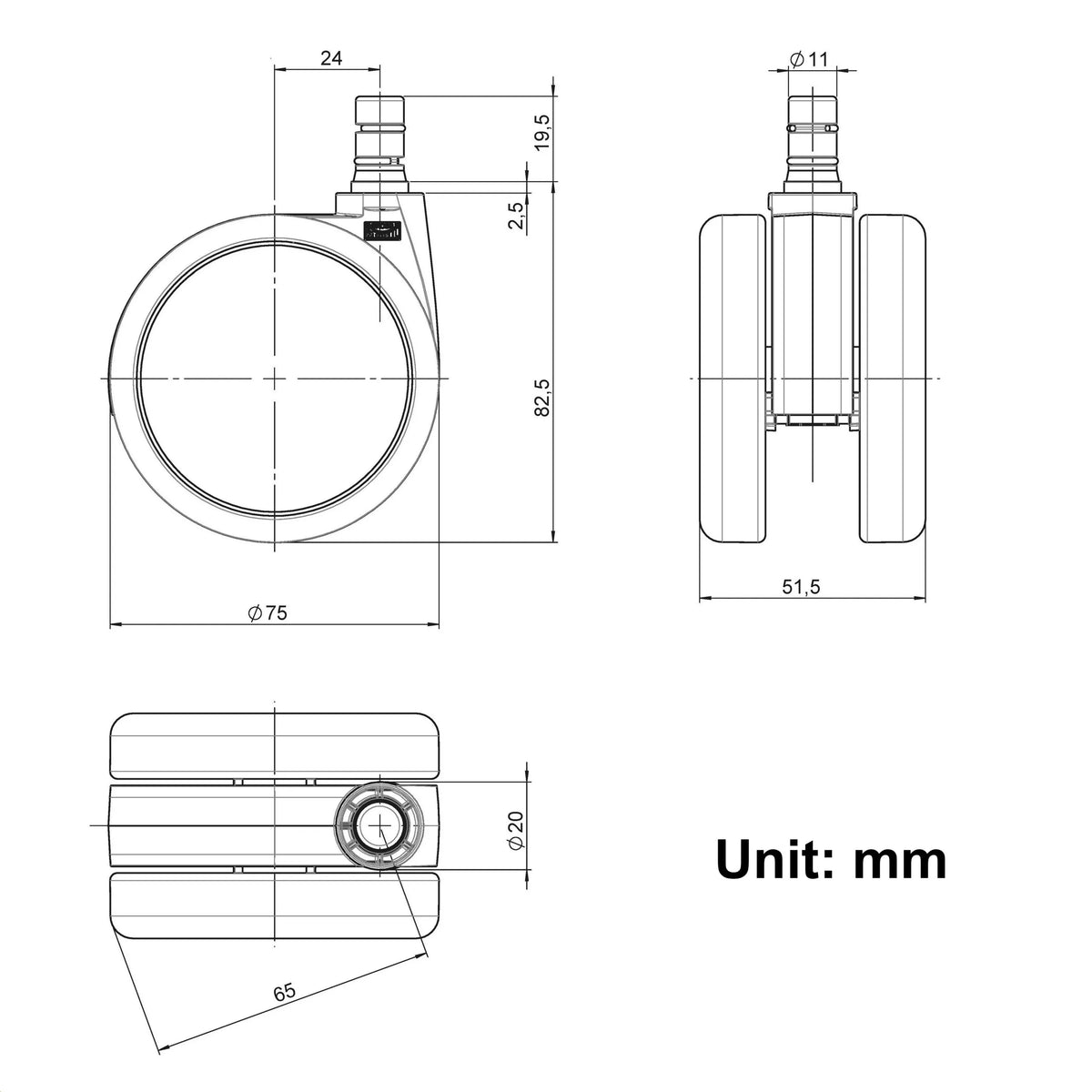 Teknisk tegning af Stolehjul 5x ROLO No-Noise 11mm/75mm med en diameter på 75 mm fra hjh OFFICE