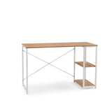 Skrivebord Easy Up2 i hvid og eg med integreret hylde og X-stiver fra hjh LIVING – 360-graders visning (forfra 15°)