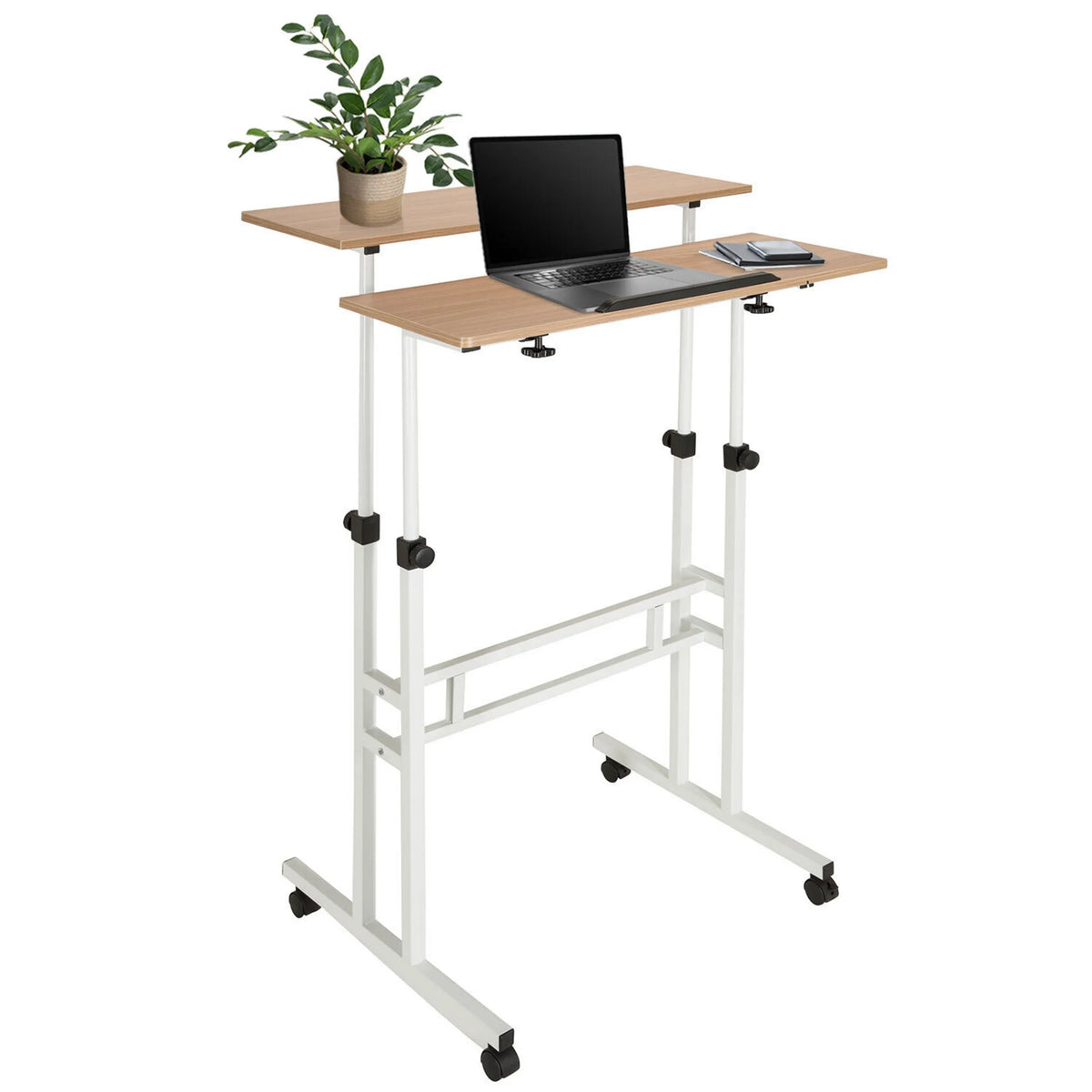 Ståskrivebord WORKSTATION I i hvid og eg med to niveauer og hjul fra hjh OFFICE