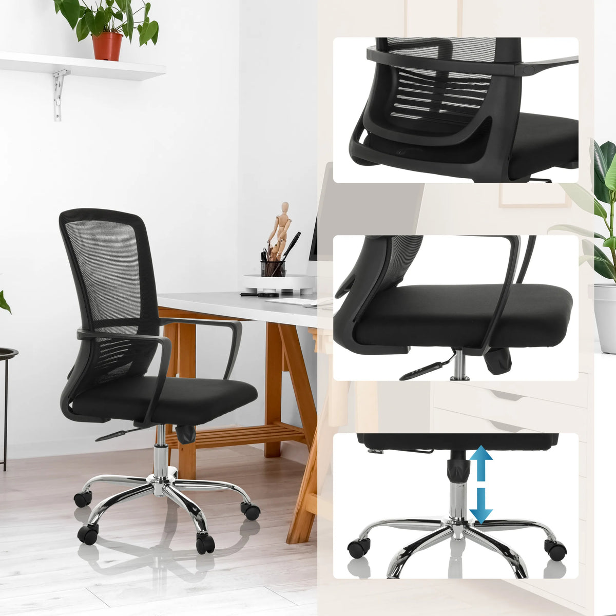 Sort polstret Home Office kontorstol STAR-TEC S med mesh-ryglæn og gaslift fra hjh OFFICE