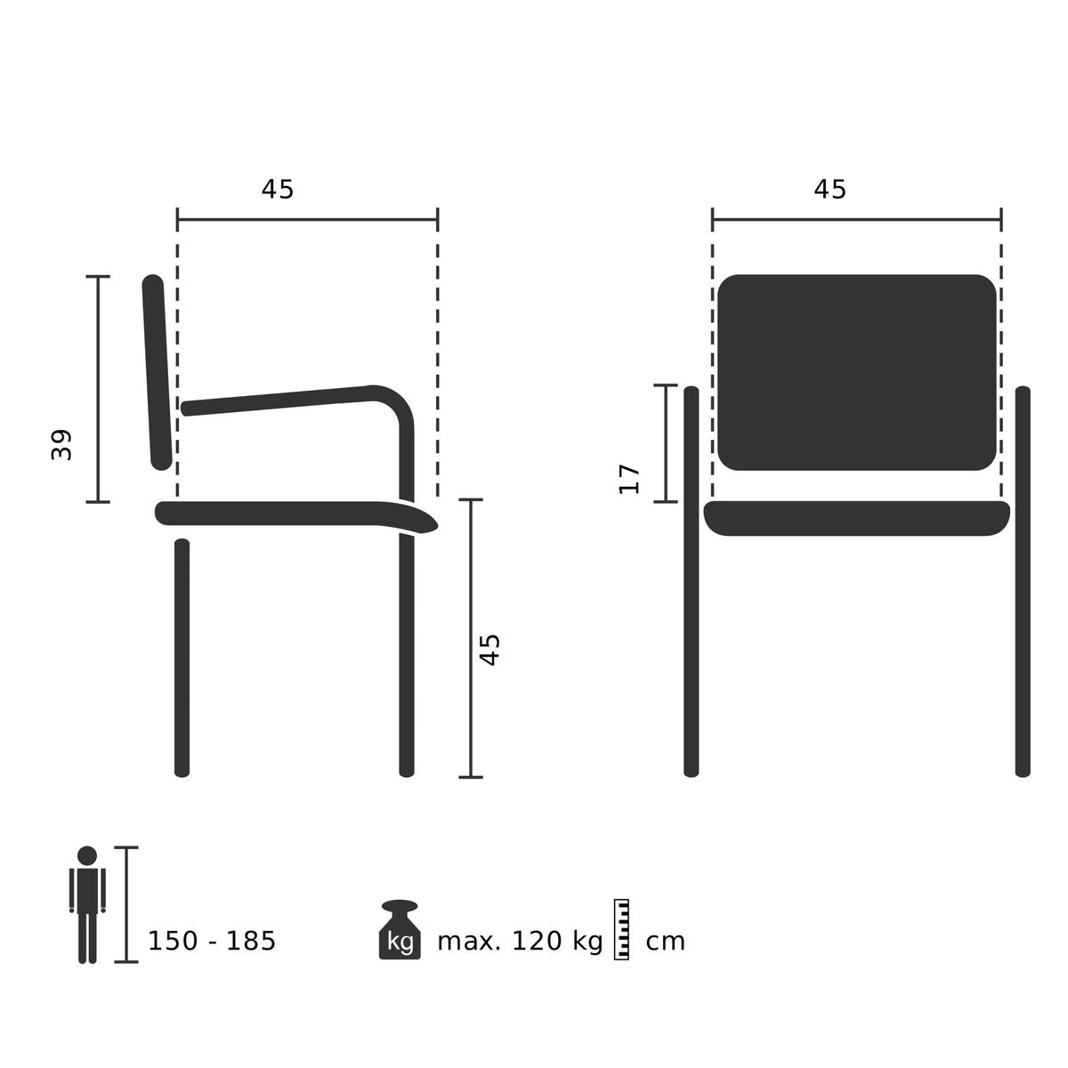 Teknisk tegning af Klapstol SCANDIO med en siddehøjde på 45 cm fra hjh OFFICE