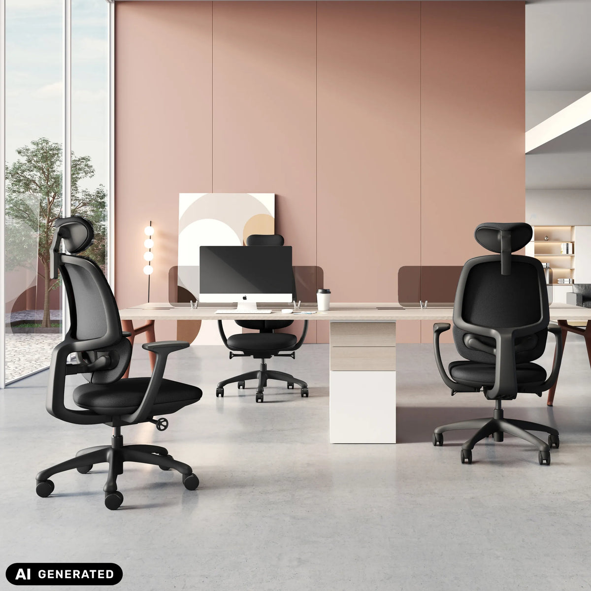 Tre sorte professionelle kontorstole RI-COVER ved et skrivebord fra hjh OFFICE (AI-genereret billede)