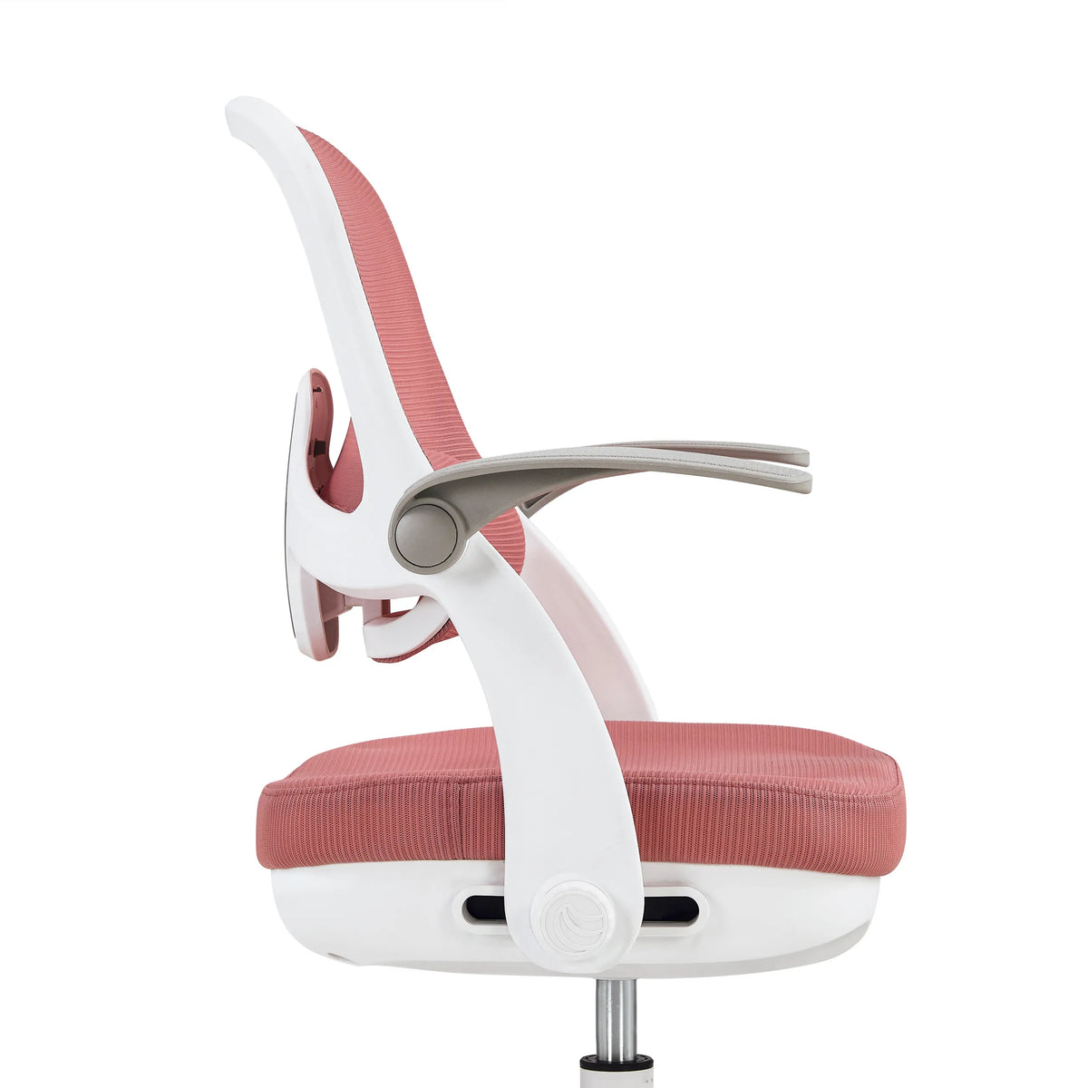 Sidevisning af Kiddy Smart Step drejestol til børn i rosa med hvid ramme og grå armlæn fra hjh OFFICE