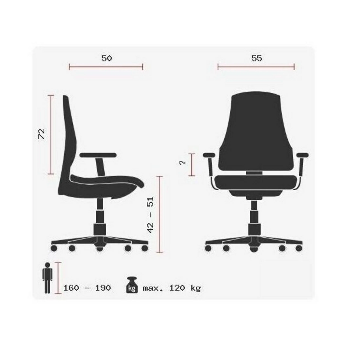Technische Zeichnung des Luxus-Chefsessel OFFICE RS1 mit einer Breite von 55 cm von Topstar