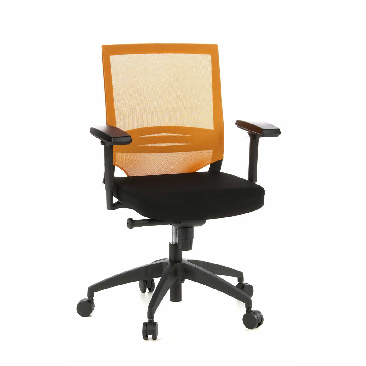 Sort-orange Professionel kontorstol PORTO BASE med netryg og femhjulet fodkryds fra hjh OFFICE – 360-graders visning (forfra 20°)