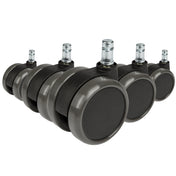 Fem sorte stolehjul 5x ROLO 11mm/65mm til hårde gulve med sølvfarvede bolte fra hjh OFFICE