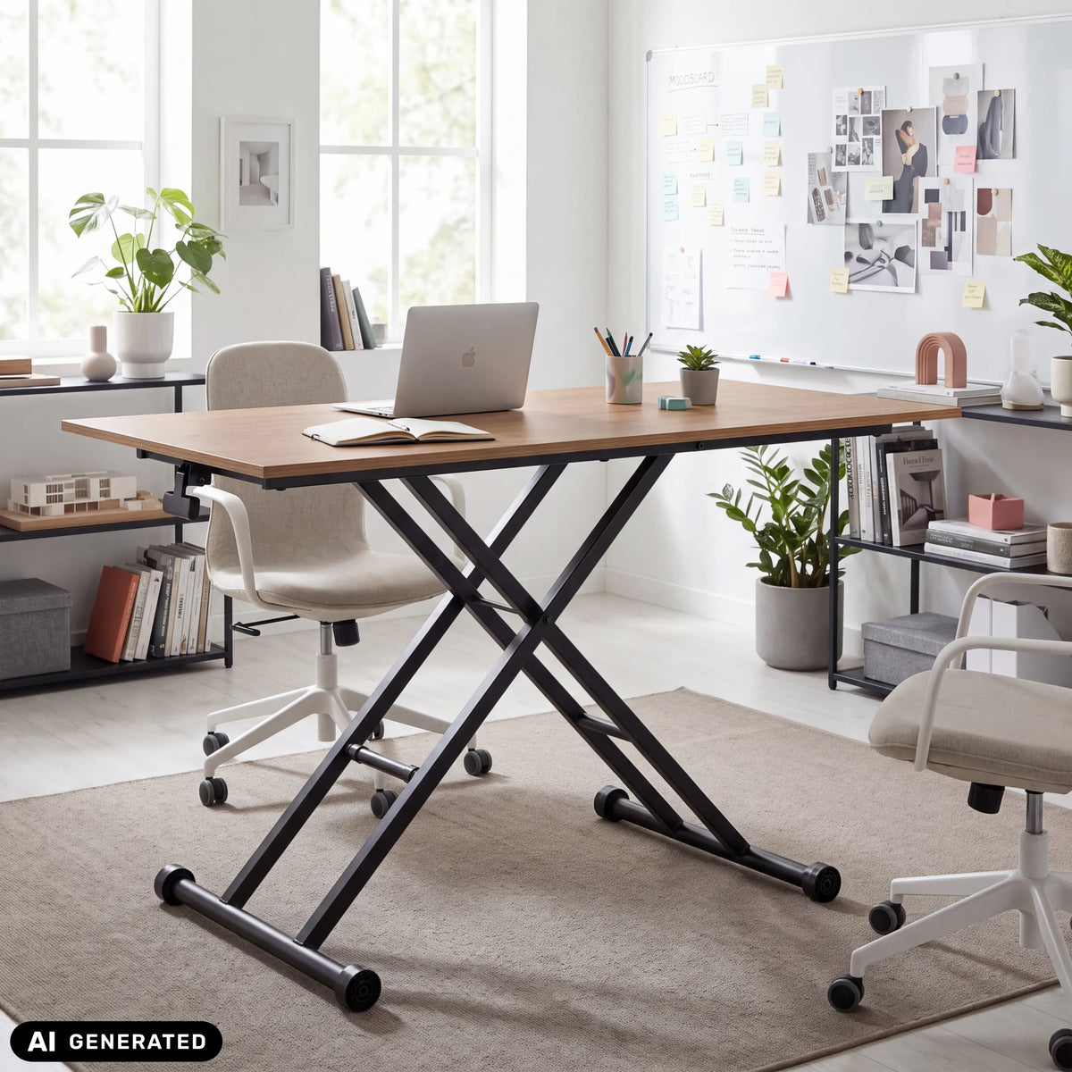 Skrivebord Worktime Lift i eg og sort med X-formet stel og hjul fra hjh OFFICE