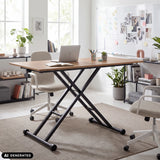 Skrivebord Worktime Lift i eg og sort med X-formet stel og hjul fra hjh OFFICE