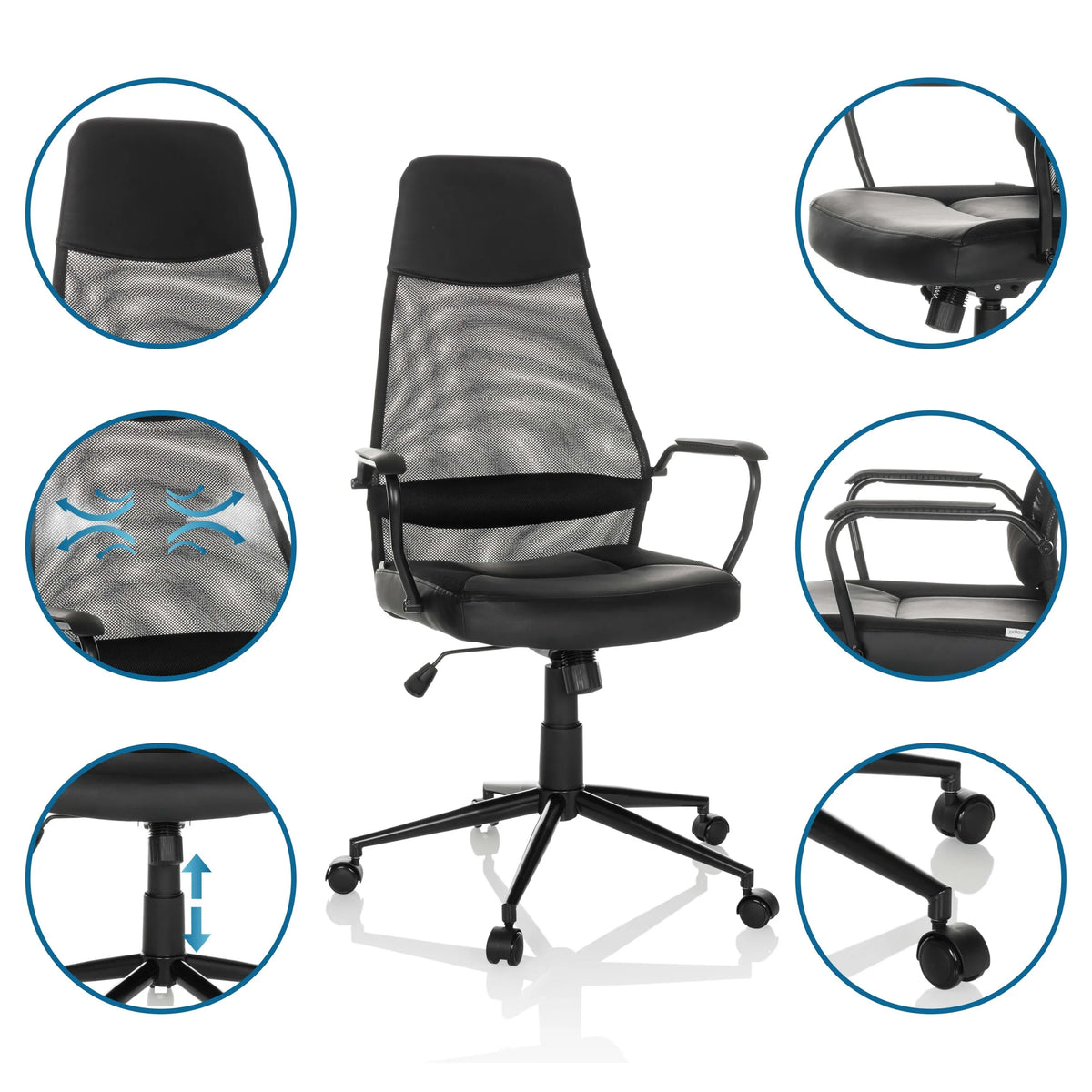 Home Office chefstol MARCOZ i sort med forskellige detaljevisninger fra MyBuero