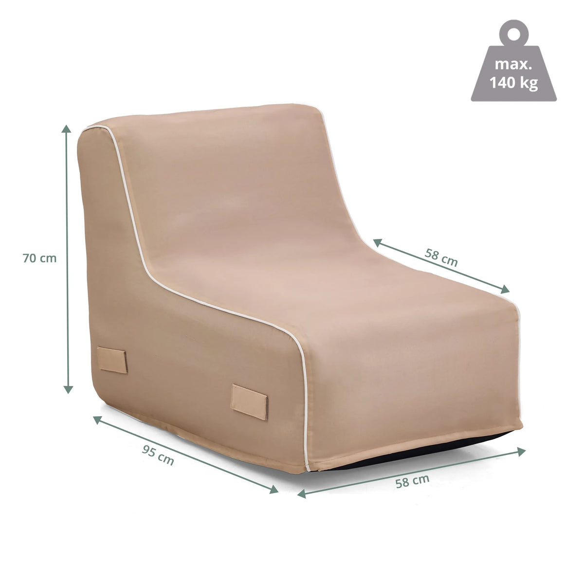 Målvisning af den oppustelige sofa Sitzolo Air med 95 × 58 cm og maksimal belastning på 140 kg fra hjh LIVING