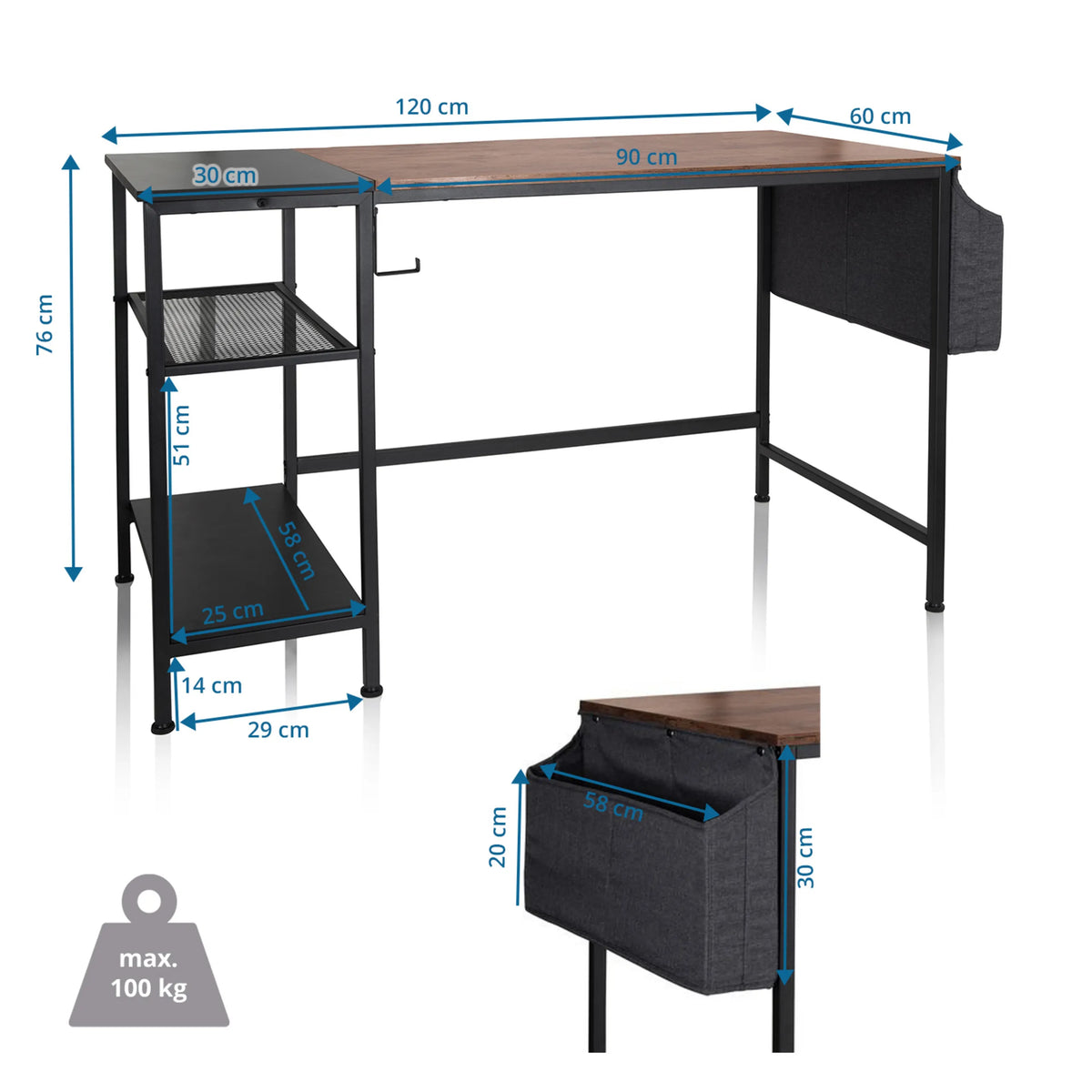 Teknisk tegning af Skrivebord WORKSPACE H I med 120 × 60 cm og en bæreevne på 100 kg fra hjh OFFICE