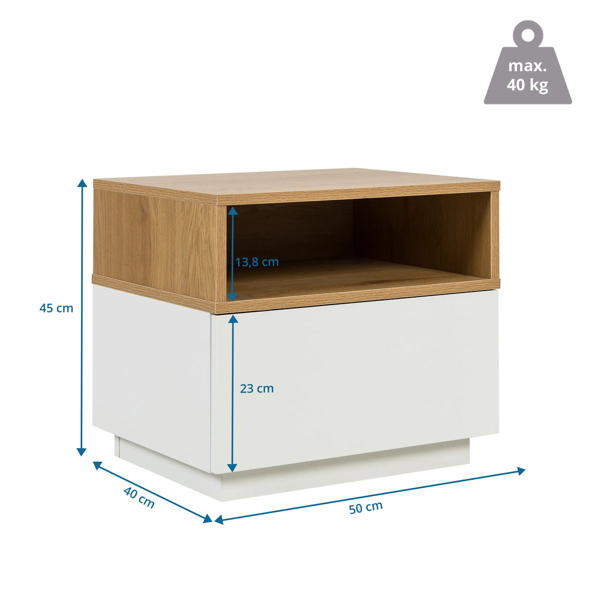 Måltegning af Sidebord MELMO i hvid og eg, 50 × 40 cm, fra hjh LIVING