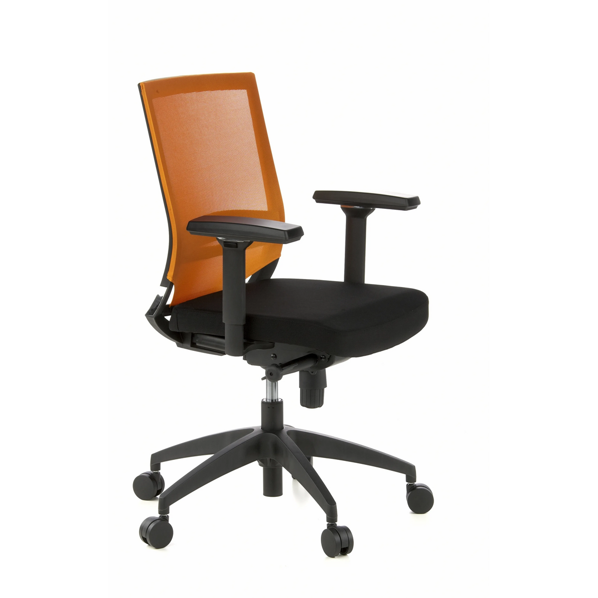 Sort-orange Professionel kontorstol PORTO BASE med netryg og femhjulet fodkryds fra hjh OFFICE – 360-graders visning (skråt forfra 60°)