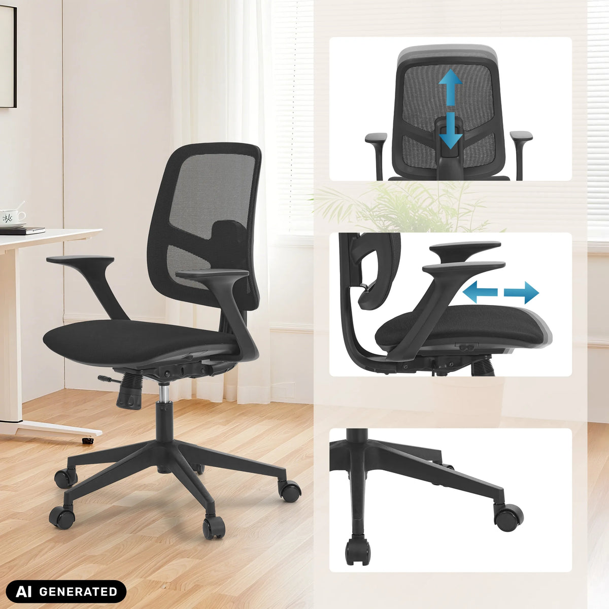 Home Office kontorstol Malio i sort med justerbart ryglæn og armlæn fra hjh OFFICE (AI-genereret billede)