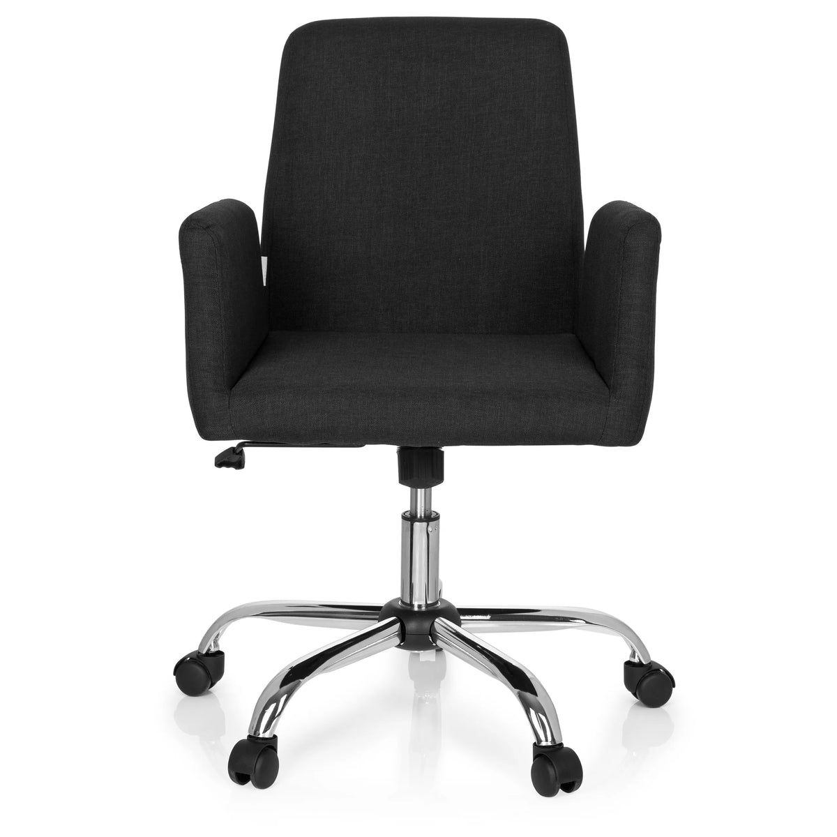Sort Home Office kontorstol FLOW med armlæn og blankt femstjernet fodkryds med hjul fra hjh OFFICE – 360-graders visning (forfra 0°)