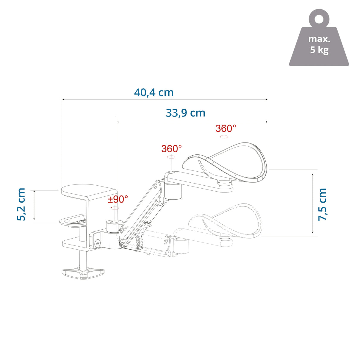 Teknisk tegning af Armlæn RELEX RT1 med en længde på 40,4 cm og en bæreevne på 5 kg fra hjh OFFICE
