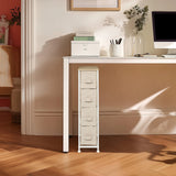 Beige kommode FOLDRESS S med fire stofskuffer under et hvidt skrivebord fra hjh LIVING