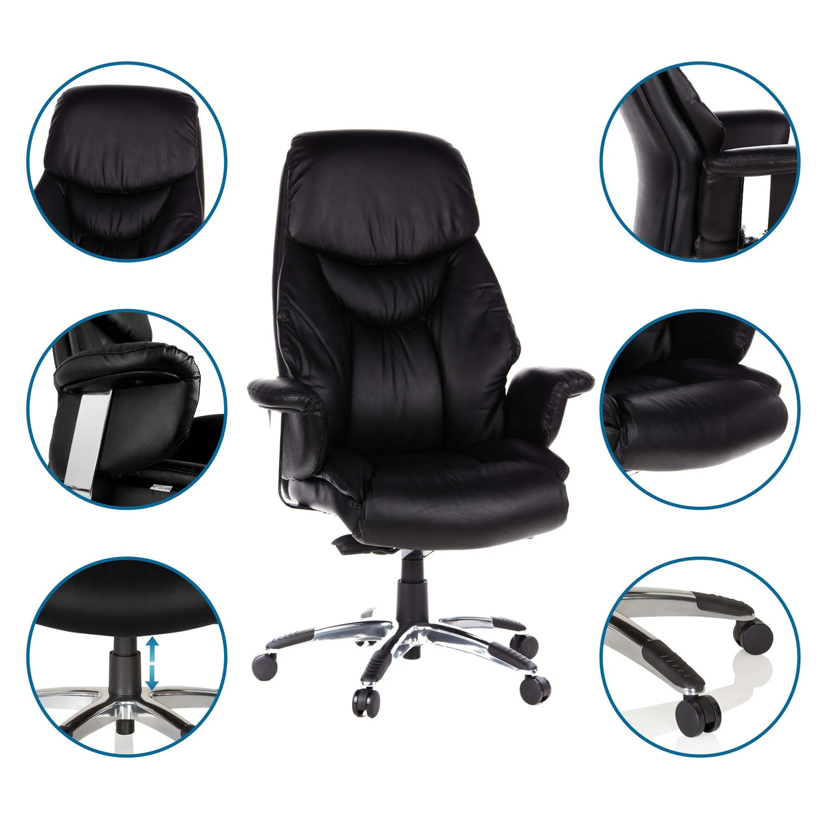 Luxus-Chefsessel PRADO aus schwarzem Kunstleder mit Detailansichten der Polsterung, Armlehnen und Rollen von hjh OFFICE