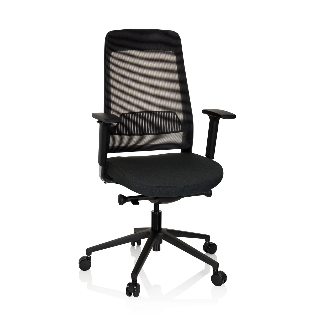 Sort Professionel kontorstol CHIARO T1 BLACK med netryg og femstjernet fodkryds med hjul fra hjh OFFICE – 360-graders visning (forfra 20°)
