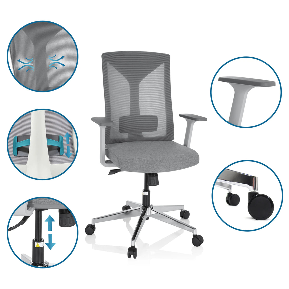 Grå Professionel kontorstol HALIFAX med detaljevisninger af netryg, armlæn, gasfjeder og hjul fra hjh OFFICE