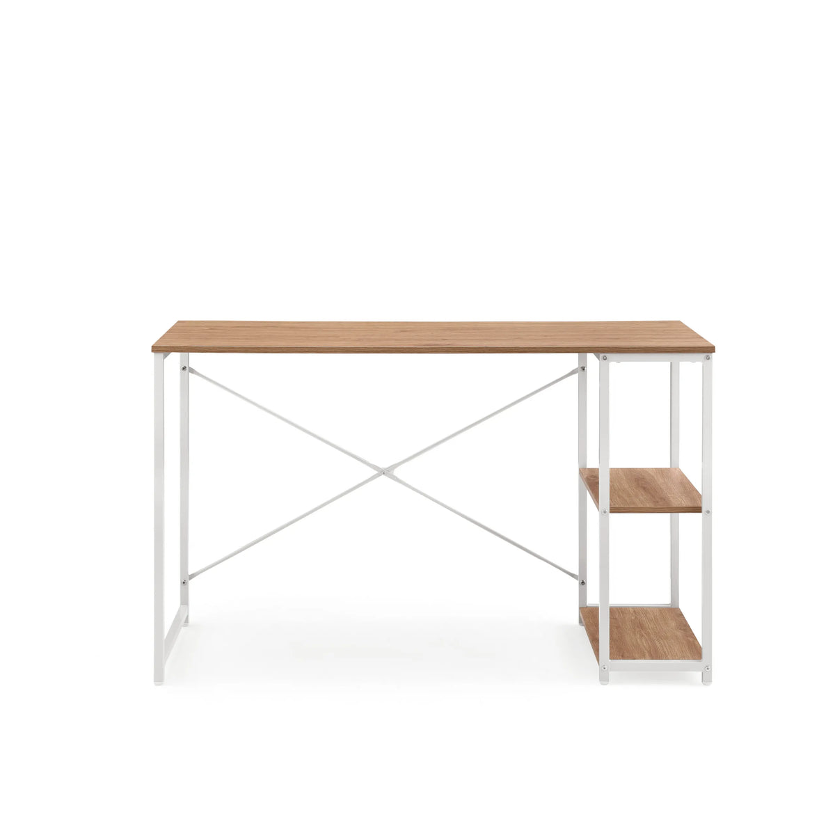 Skrivebord Easy Up2 i hvid og eg med integreret hylde og X-stiver fra hjh LIVING – 360-graders visning (forfra 0°)