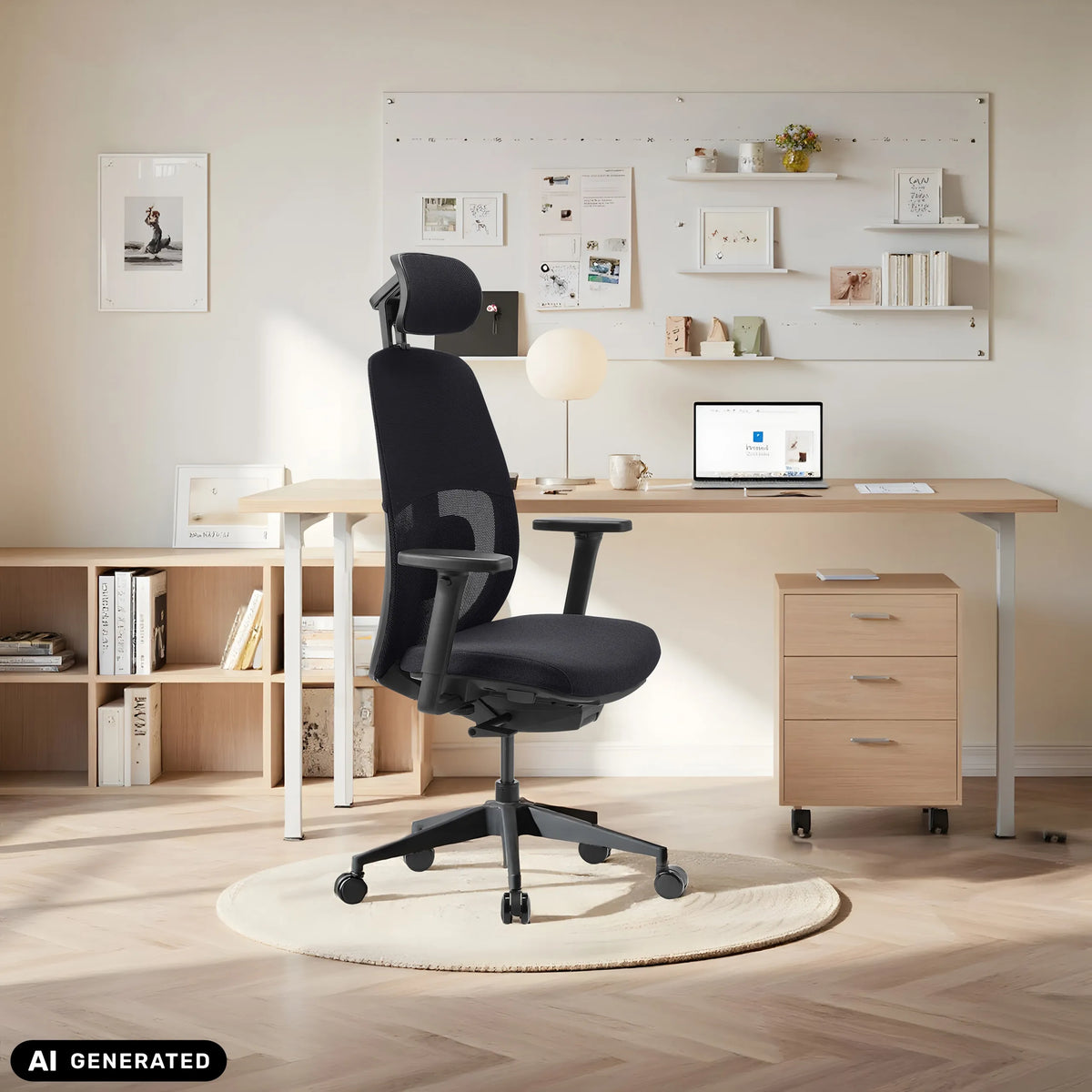 Sort professionel kontorstol Skandis Pro med nakkestøtte i et hjemmekontor fra hjh OFFICE (AI-genereret billede)