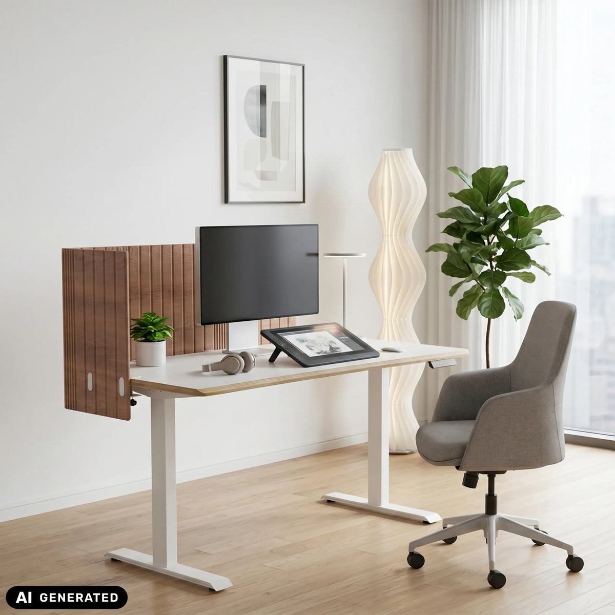Brun bordopdeler FLEXMIUT ROLL W med lodret lamellstruktur på et hvidt skrivebord fra hjh OFFICE