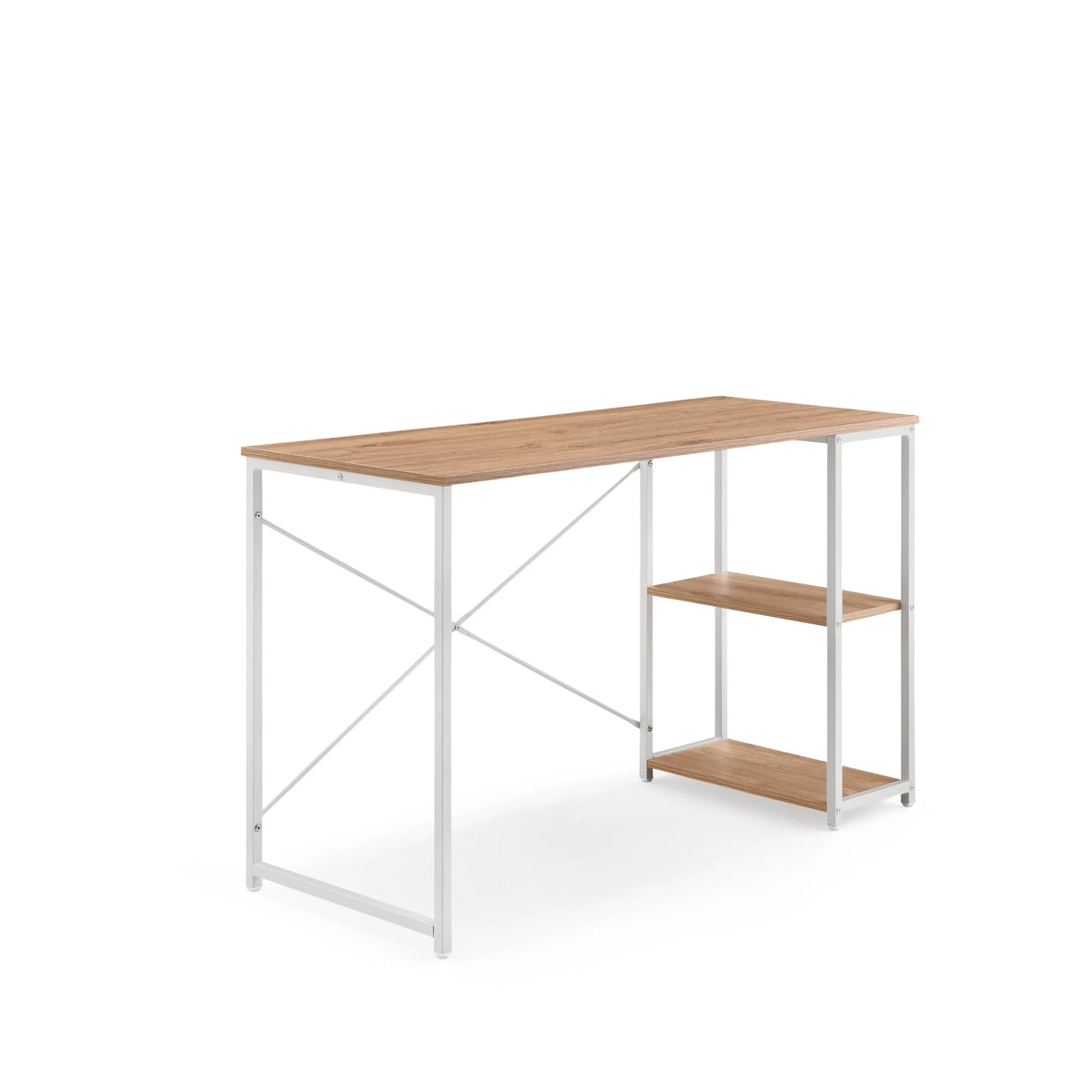Skrivebord Easy Up2 i hvid og eg med integreret hylde og X-stiver fra hjh LIVING – 360-graders visning (skråt forfra 45°)