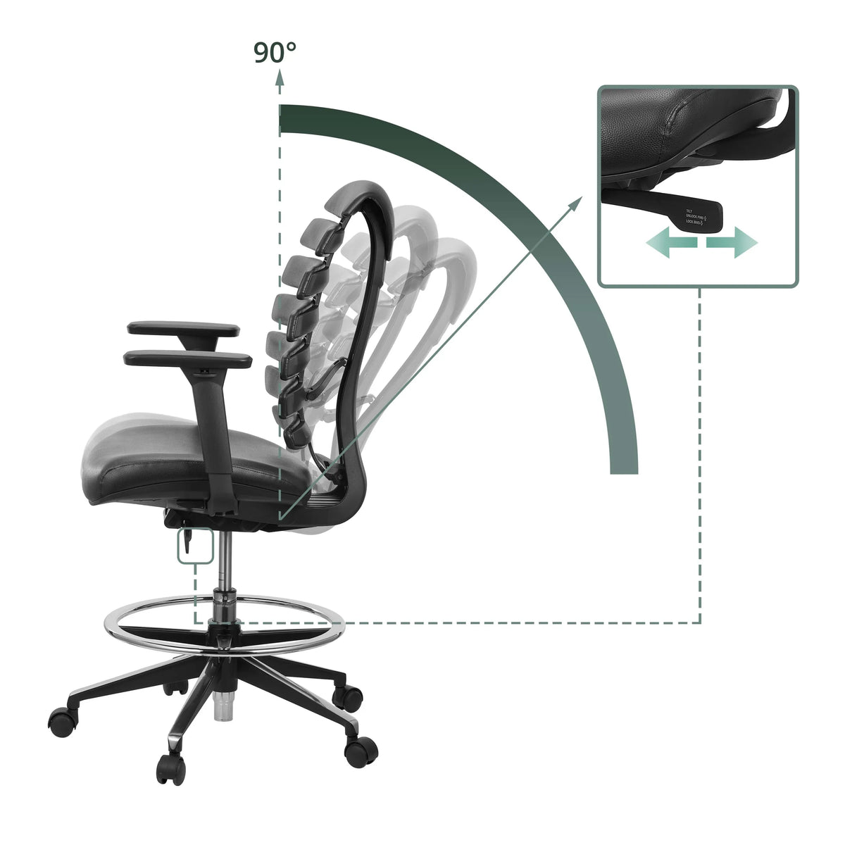 Verstellbare Rückenlehne mit 90 Grad Neigung des Counterstuhls ERGO LINE II WORK in schwarzem Leder von hjh OFFICE