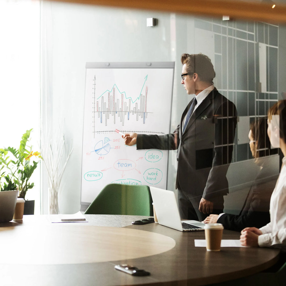 Sølvfarvet tavle MULTIBOARD med diagrammer og noter i et mødelokale fra hjh OFFICE