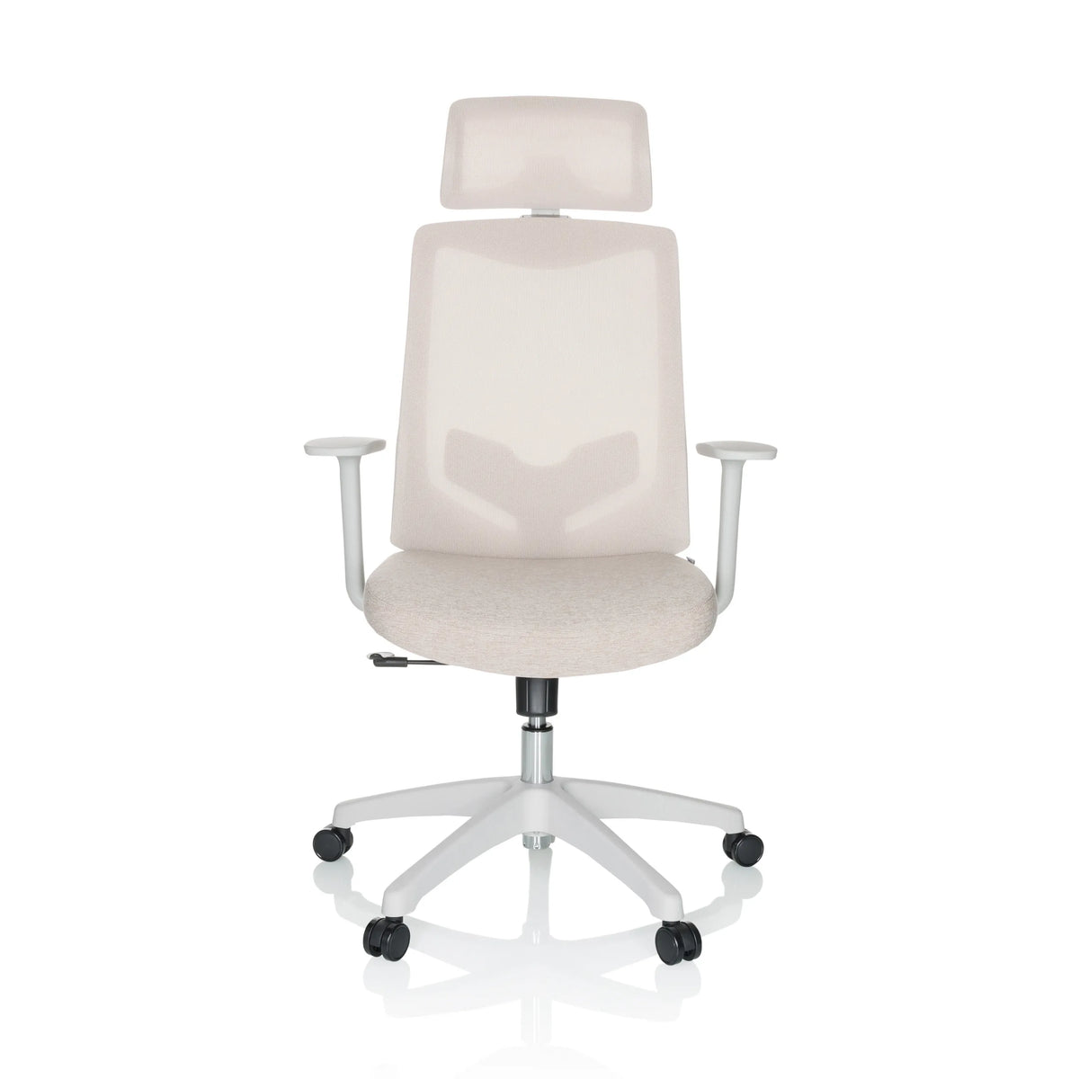 Beige Home Office kontorstol MIKEO W med nakkestøtte og hvidt femstjernet fodkryds med hjul fra hjh OFFICE – 360-graders visning (forfra 0°)