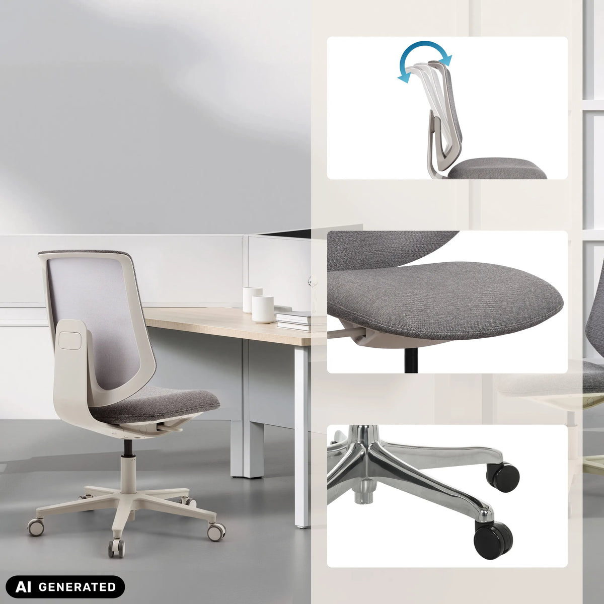 Grå Home Office kontorstol Sitflex Lady med detaljer af ryglæn, sæde og hjul fra hjh OFFICE (AI-genereret billede)