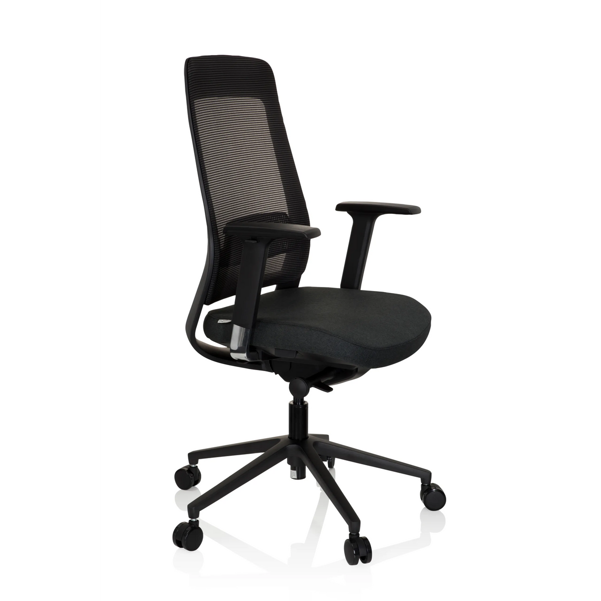 Sort Professionel kontorstol CHIARO T1 BLACK med netryg og femstjernet fodkryds med hjul fra hjh OFFICE – 360-graders visning (skråt forfra 60°)