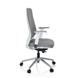 Grauer Profi-Bürostuhl CHIARO T4 WHITE mit Armlehnen und einem Fußkreuz mit fünf Rollen von hjh OFFICE – 360-Grad-Ansicht (Seitenprofil 80°)