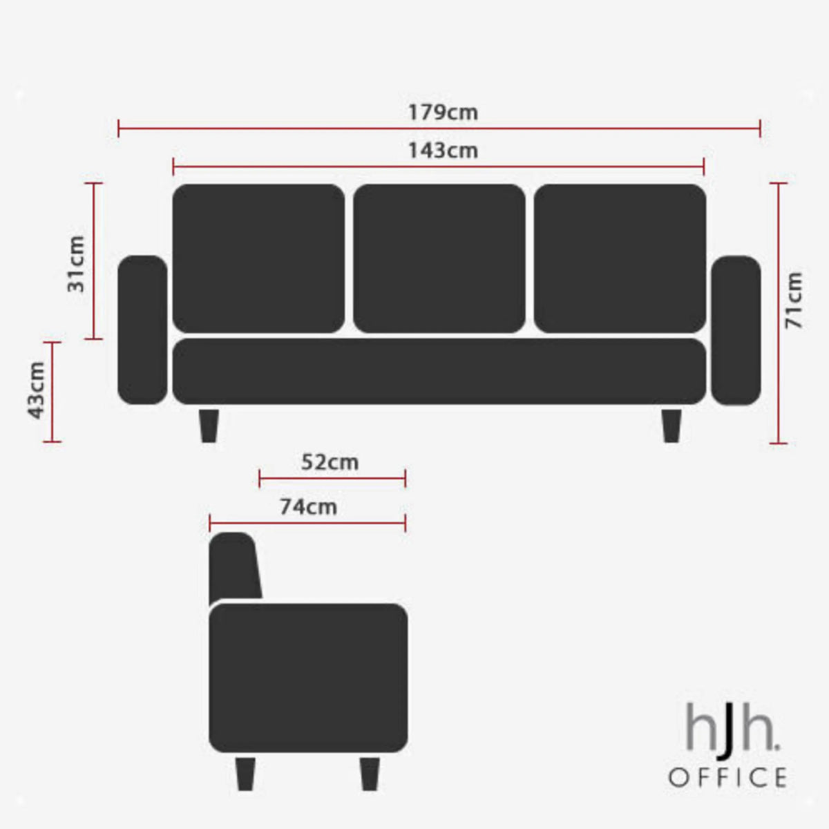 Teknisk tegning af loungesofa CURACAO med en samlet bredde på 179 cm fra hjh OFFICE