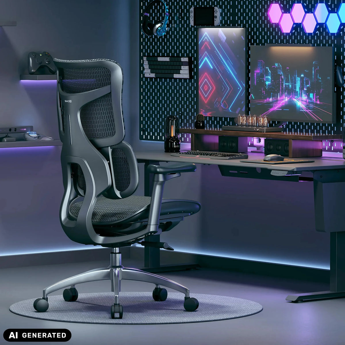 Sort professionel kontorstol S100-M301 med netryglæn og armlæn i et gamingværelse fra Sihoo (AI-genereret billede)