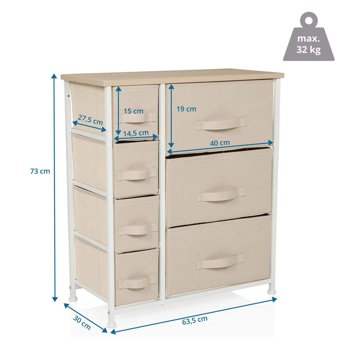 Måltegning af Kommode FOLDRESS B med en højde på 73 cm og en bredde på 63,5 cm fra hjh LIVING
