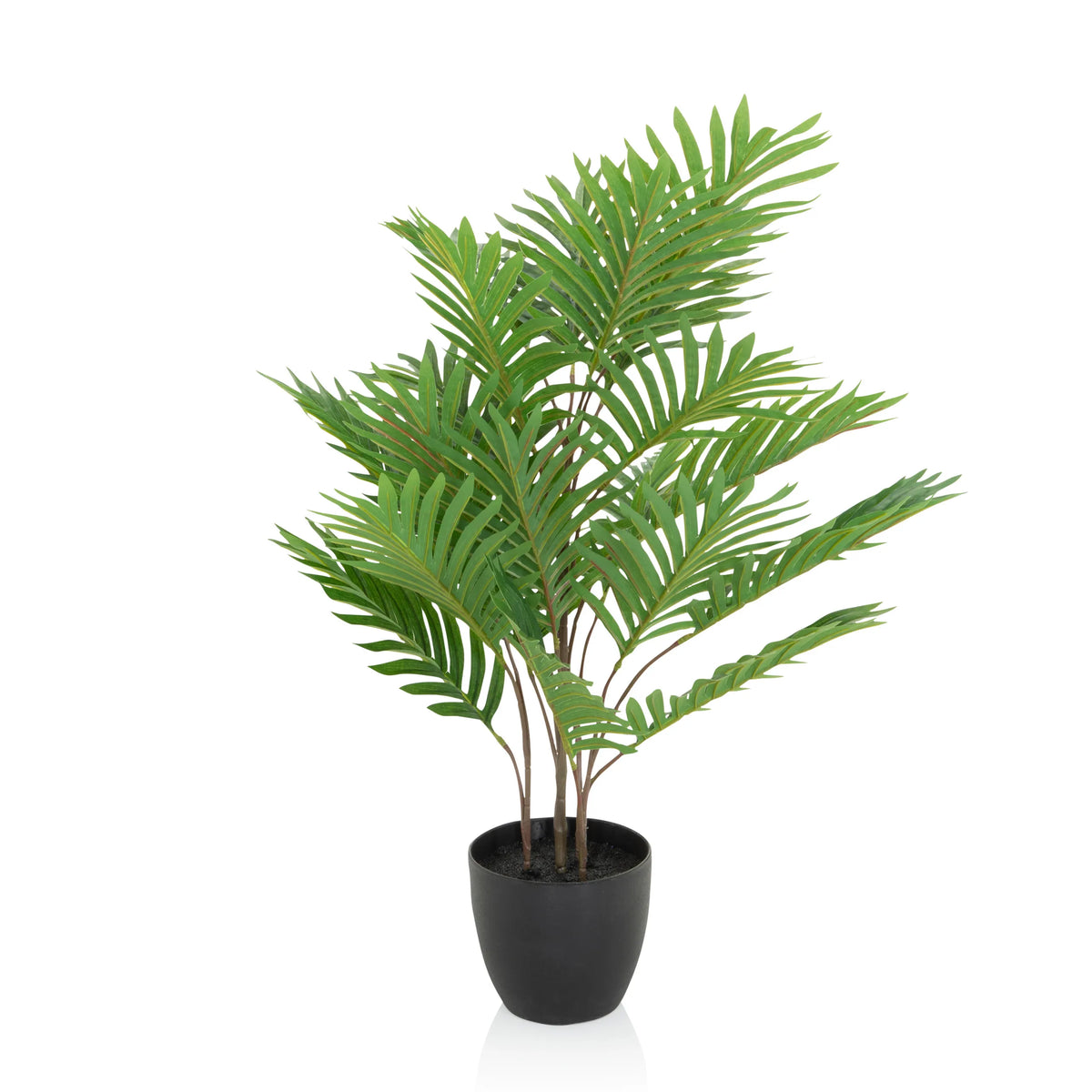 Grøn Kunstige plante ARECA med fjederformede blade i en sort potte fra hjh OFFICE – 360-graders visning (forfra 0°)