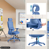 Blå Ergomy Colore Home Office kontorstol med justerbar nakkestøtte og sædehøjde fra MyBuero (AI-genereret billede)