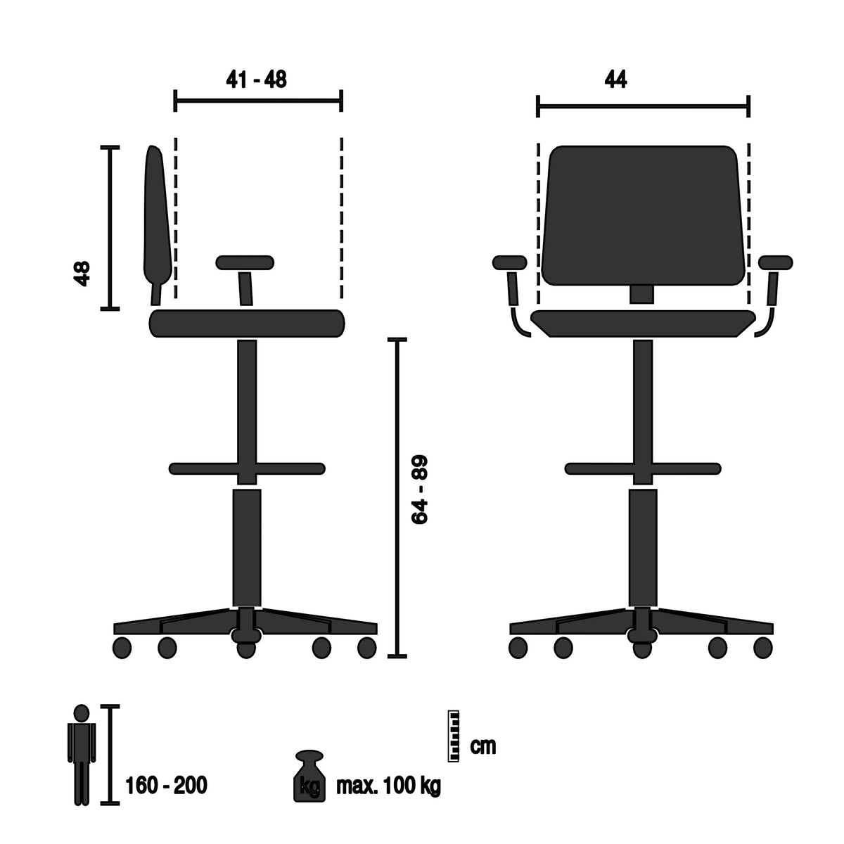Teknisk tegning af Diskstol TOP WORK STYLE med en siddehøjde på 64–89 cm fra hjh OFFICE