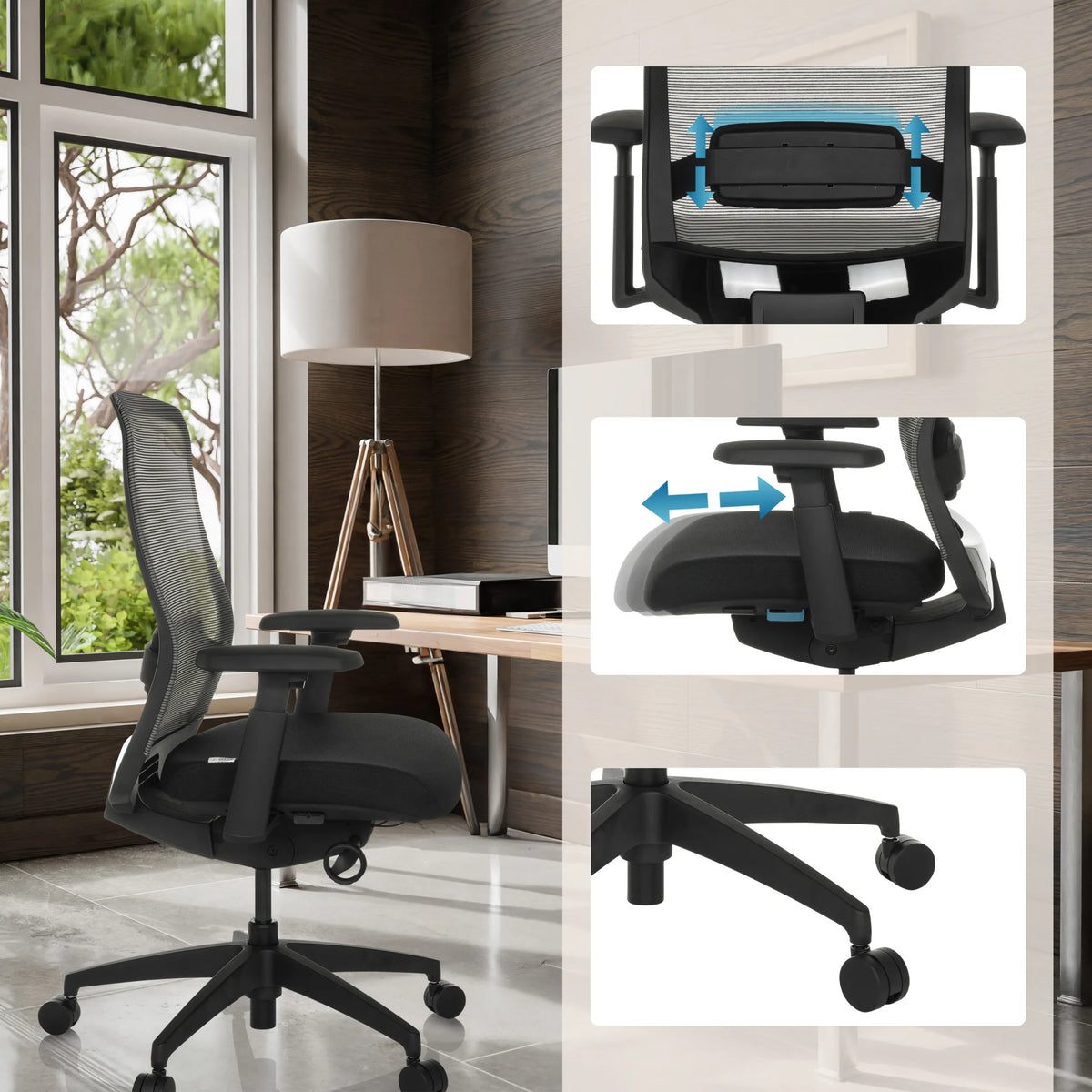 Justerbar nakkestøtte, sæde og hjul på Professionel kontorstol COLORE fra hjh OFFICE
