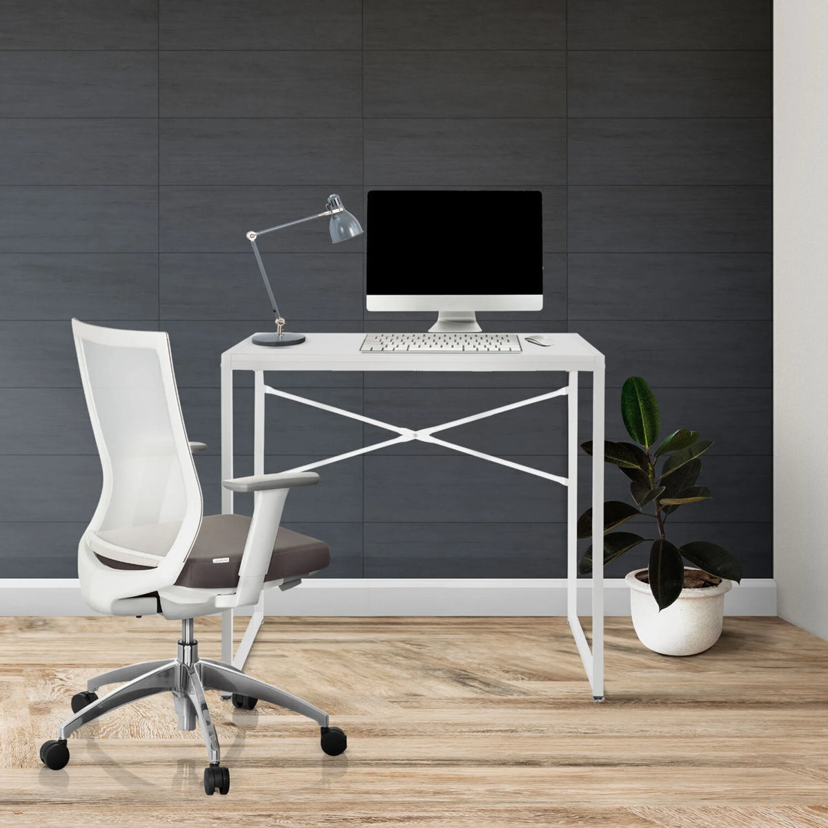 Hvidt Skrivebord EASY UP H I med mål 78 x 46 cm og krydsstel fra hjh OFFICE