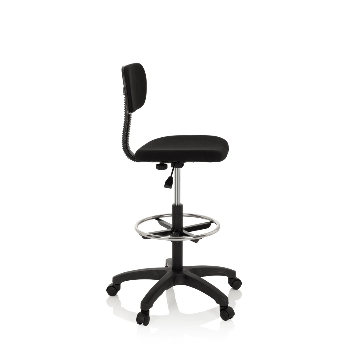 Sort Diskstol TOP WORK 05 med fodring og femstjernet fodkryds med hjul fra hjh OFFICE – 360-graders visning (sideprofil 80°)