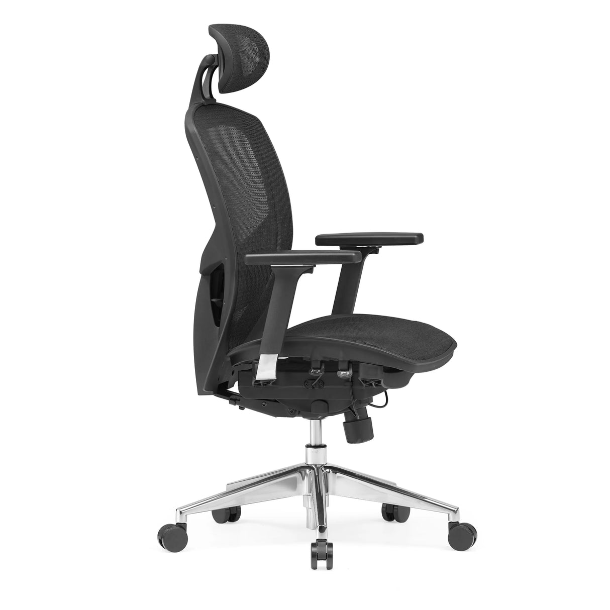 Sort High End kontorstol VENUS ONE med netryg og femstjernet fodkryds med hjul fra hjh OFFICE – 360-graders visning (sideprofil 75°)