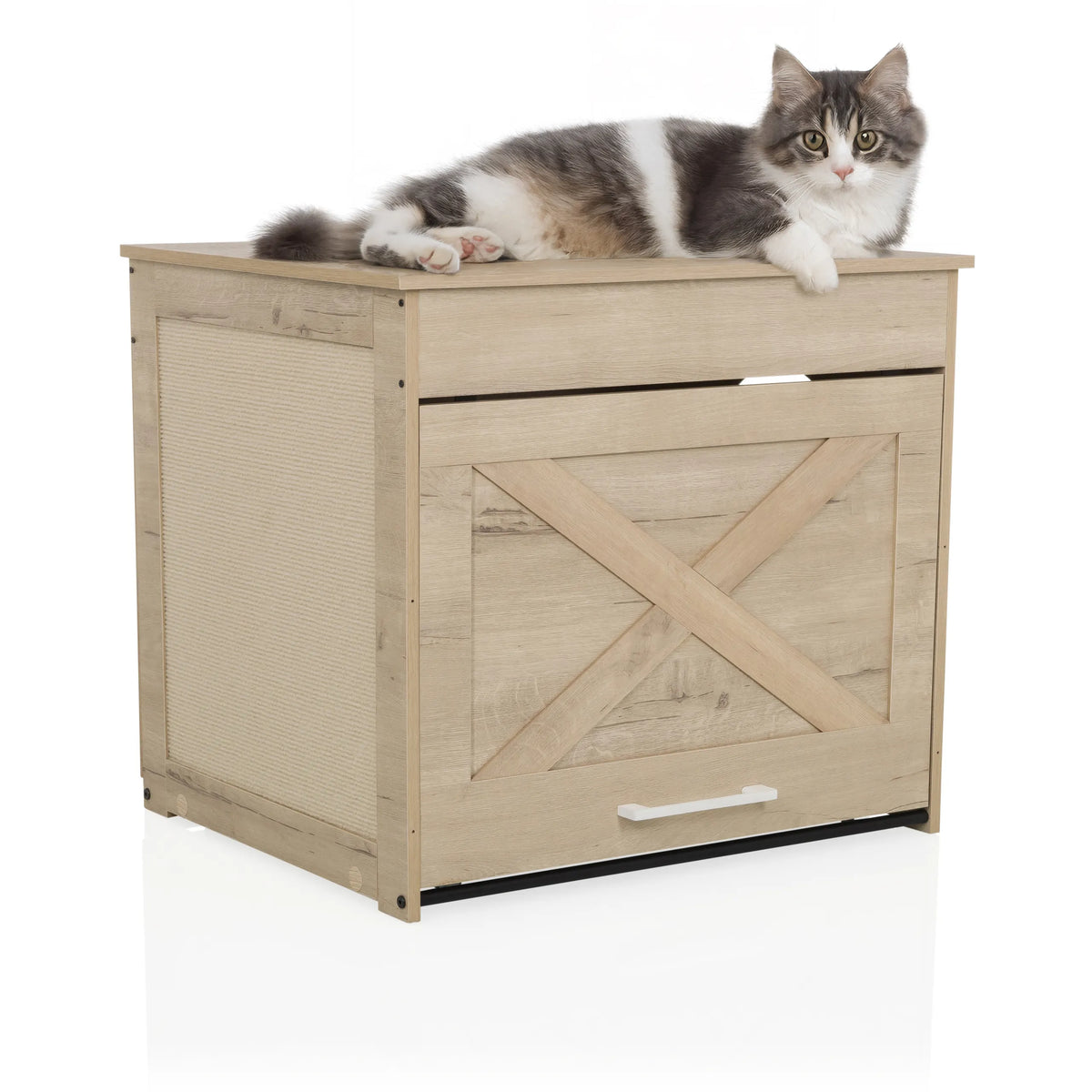 Kattehus KITTY PAWBOX 1 i egetræslook med en liggende kat på toppen fra hjh LIVING