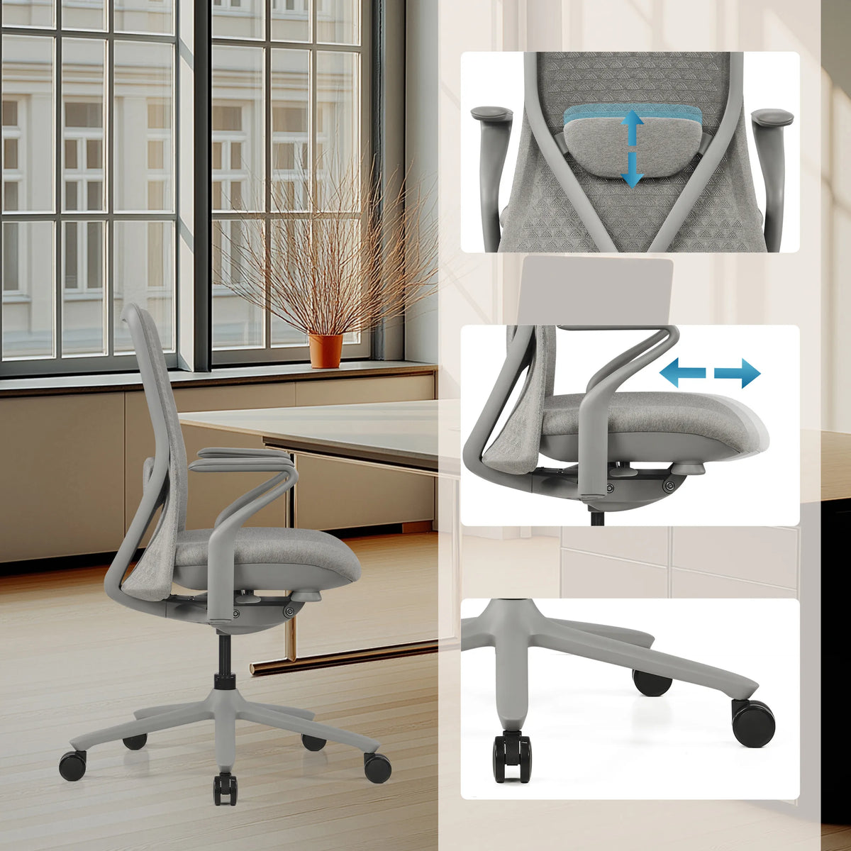 Grå High End kontorstol VERVIO med justerbar nakkestøtte og armlæn fra hjh OFFICE